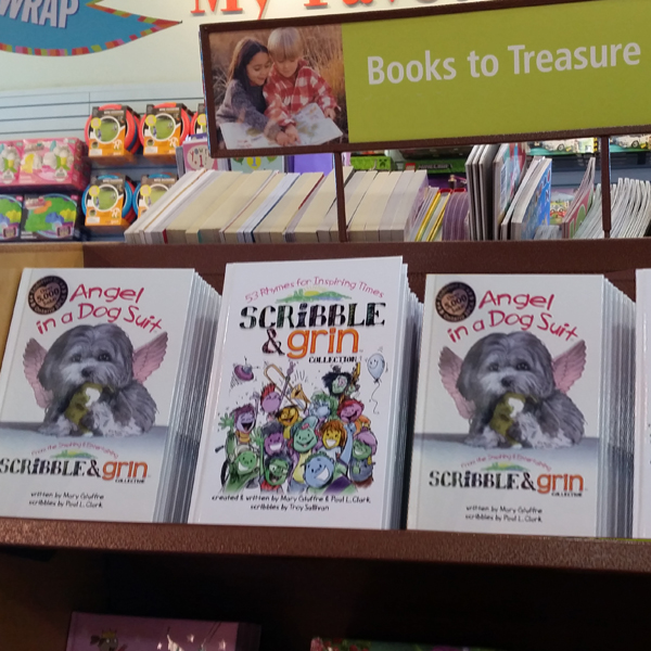 Scribble & Grin books on bookstore shelf